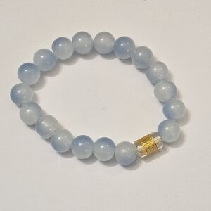 Light Blue Beaded Stretch Bracelet Gold Tone Charm Elastic Stone Look